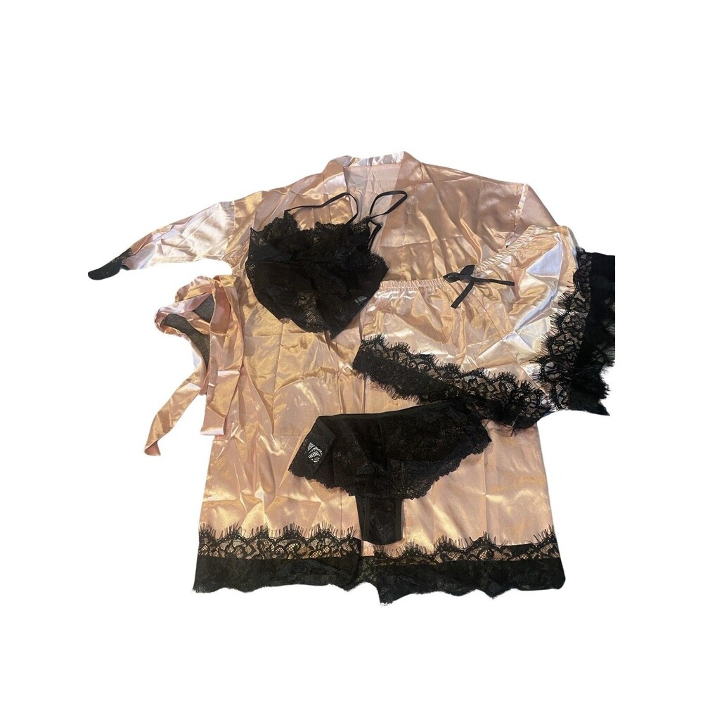 4-Piece Lingerie Women's Size Small Pink Silky Robe Sexy Sleepwear Cami Lace NEW